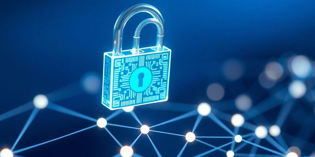 Digital padlock on a secure, glowing network.