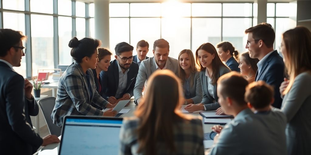 Diverse group collaborating, surrounded by data.
