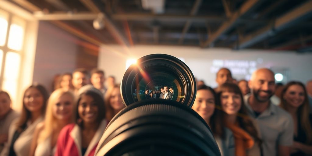 Camera lens, light beams, diverse people.