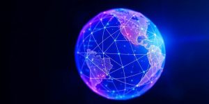 Glowing globe with digital network overlay.