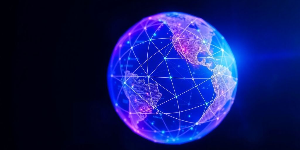 Glowing globe with digital network overlay.