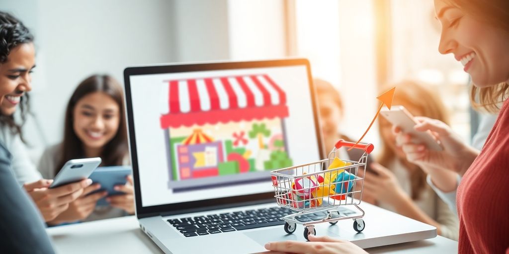Laptop, shopping cart, growth arrow, diverse customers.