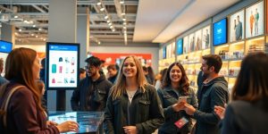 A diverse group of shoppers happily interact with personalized product displays.