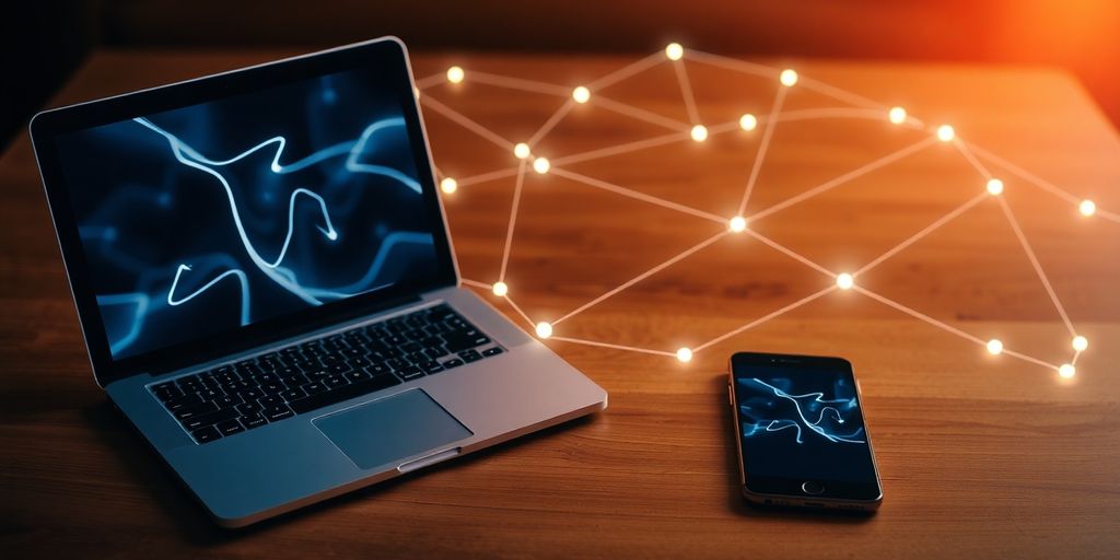 Laptop, tablet, and phone screen glowing with networks.
