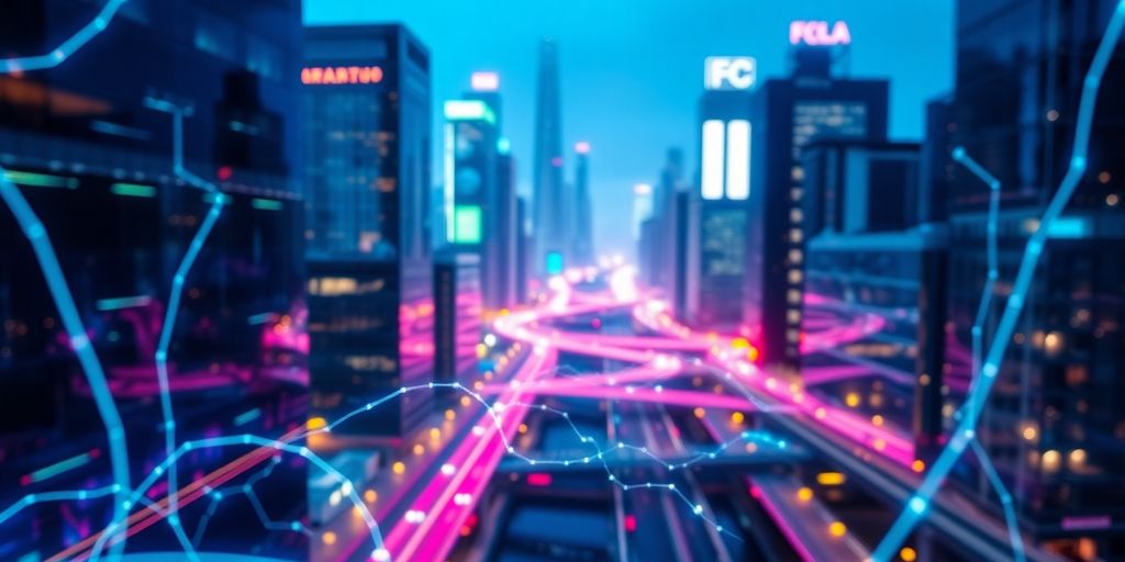 Data flowing through a futuristic city